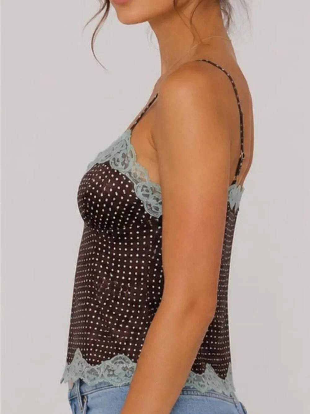 Polka Dot Lace Trim Camisole Tank Top | Adjustable Spaghetti Strap
